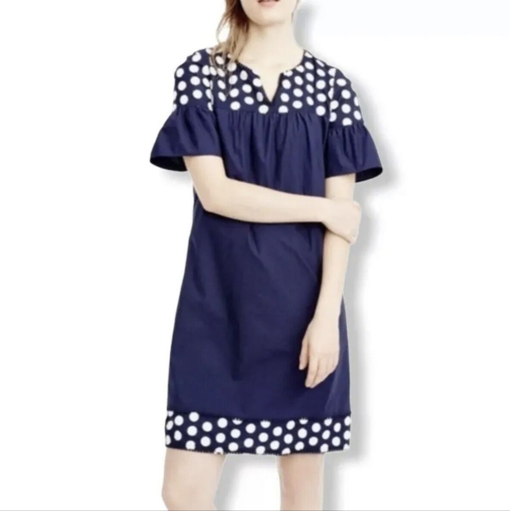 J CREW Navy Blue White Polka Dot Bell Sleeve Cotton Dress - Size 4